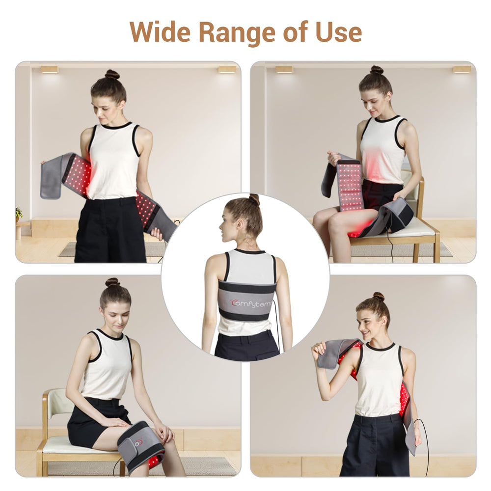 Comfytemp red light therapy belt side view highlighting flexible wrap for body coverage