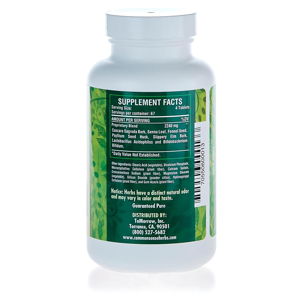 Common Sense SuperLax bottle label highlighting herbal ingredients and natural cleansing.