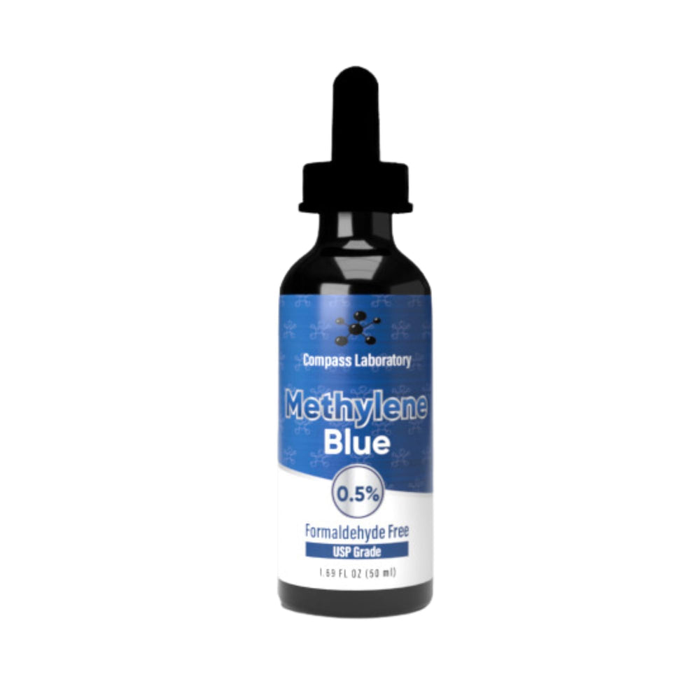 COMPASS LABORATORY Methylene Blue bottle 50ml shows premium USP-grade formula for adults.