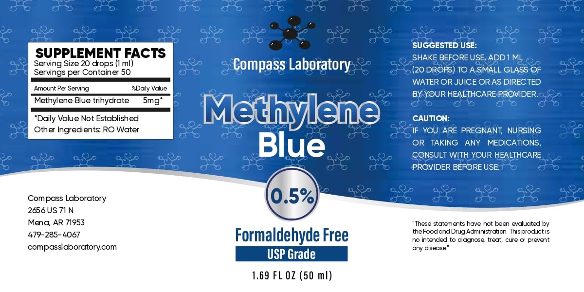 COMPASS LABORATORY Methylene Blue bottle closeup highlights glass packaging preserving potency.