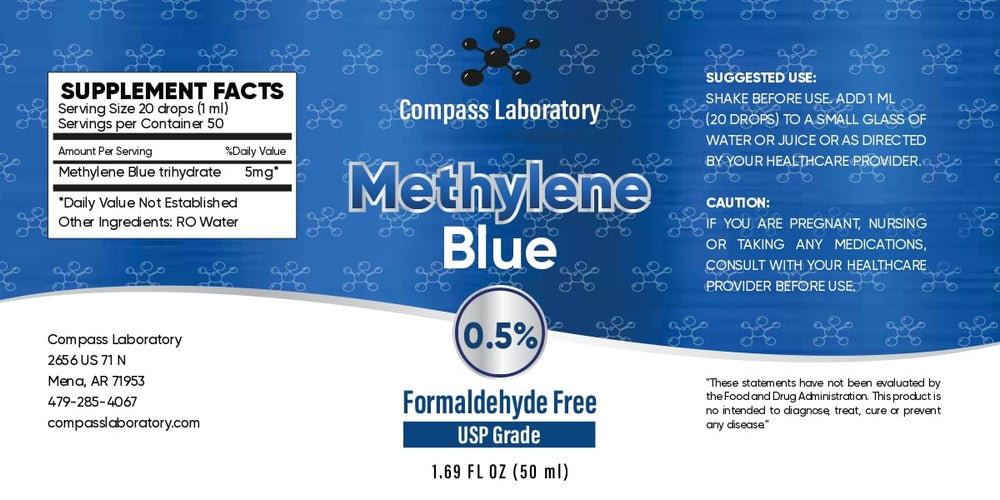 COMPASS LABORATORY Methylene Blue bottle closeup highlights glass packaging preserving potency.