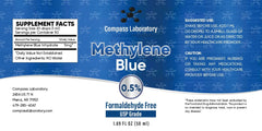 COMPASS LABORATORY Methylene Blue bottle closeup highlights glass packaging preserving potency.