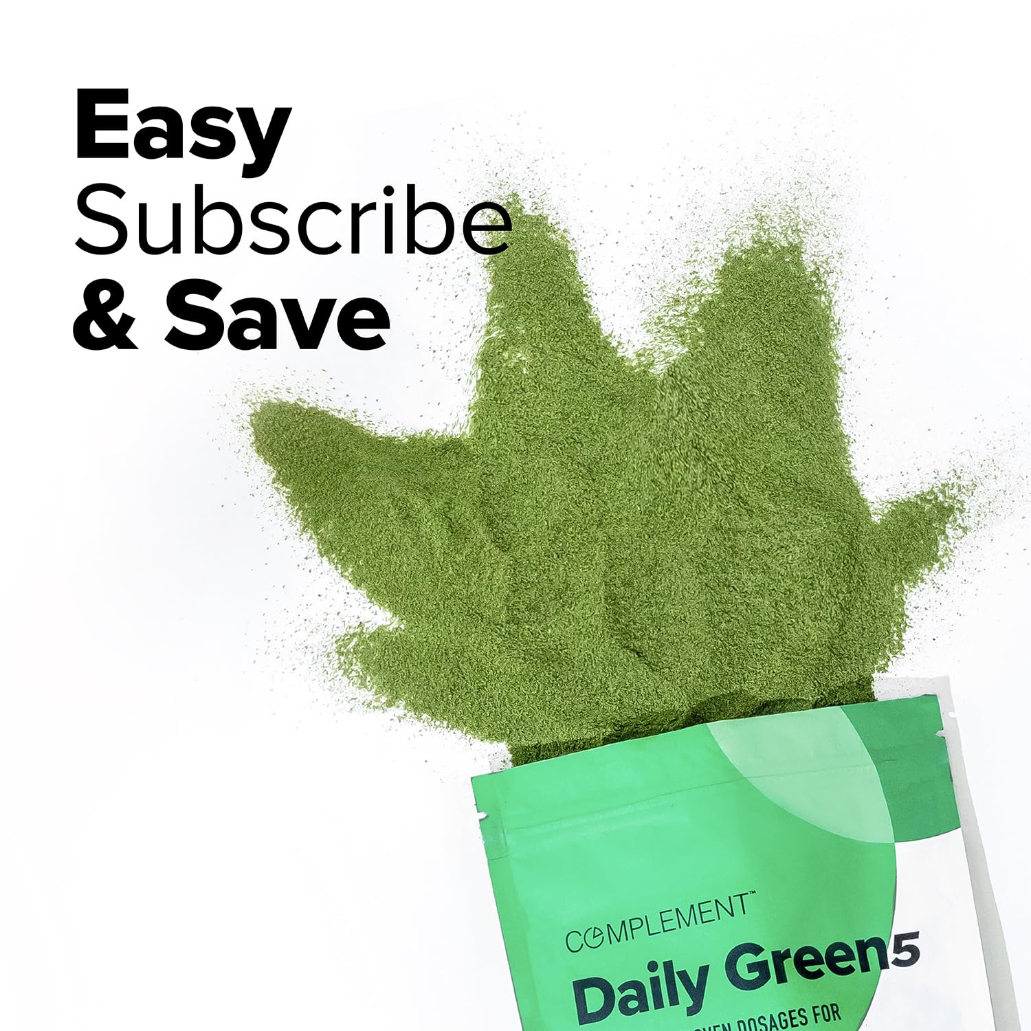 Complement Daily Greens powder biodegradable pouch showcases eco-friendly packaging