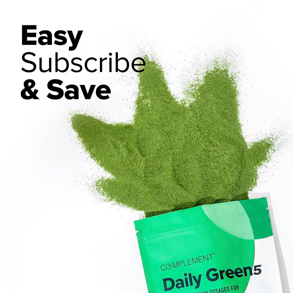 Complement Daily Greens powder biodegradable pouch showcases eco-friendly packaging