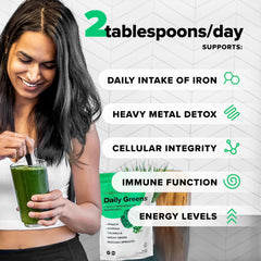 Complement Daily Greens powder ingredients close-up featuring spinach, chlorella, and moringa