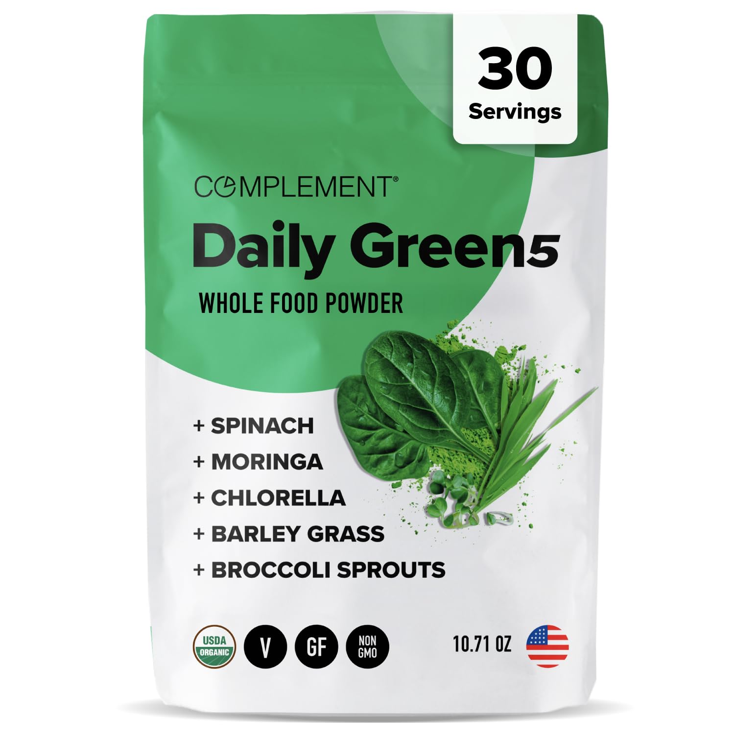 Complement Daily Greens powder tub close-up showing a plant-based blend for daily use