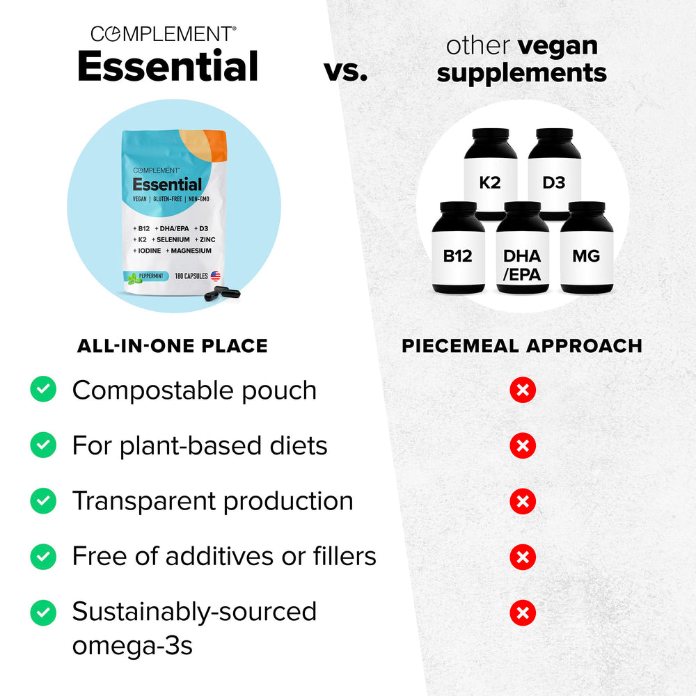 Complement Essential Vegan Multivitamin Omega-3 DHA/EPA focus for heart and brain health