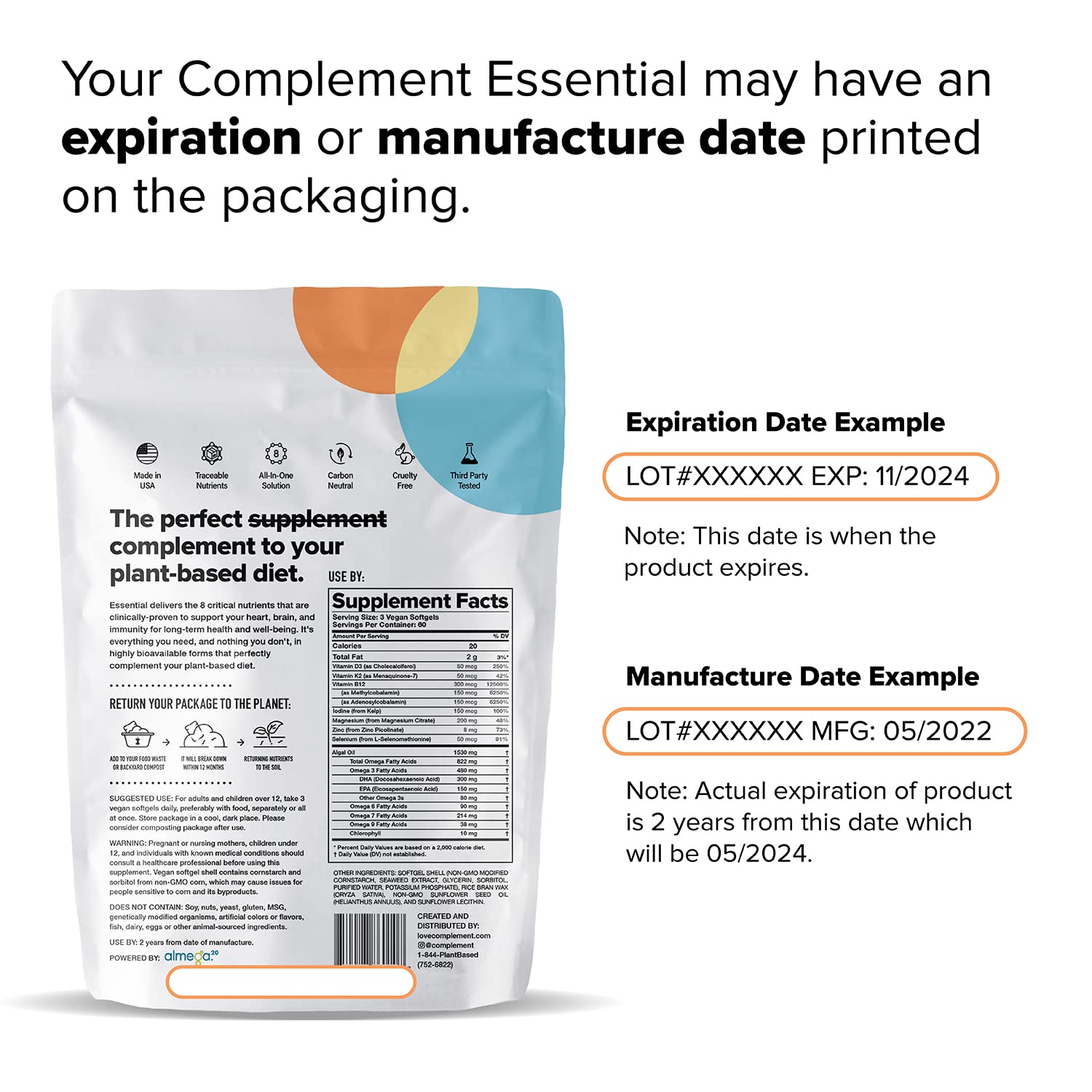 Complement Essential Vegan Multivitamin packaging highlights long shelf life