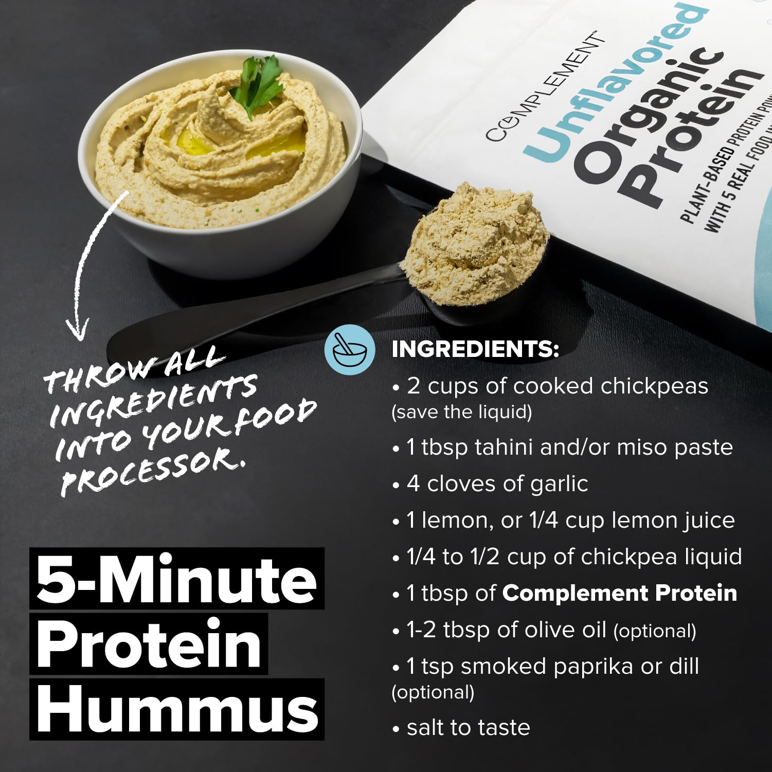 Complement Organic protein powder label highlights clean ingredients and no hidden fillers.