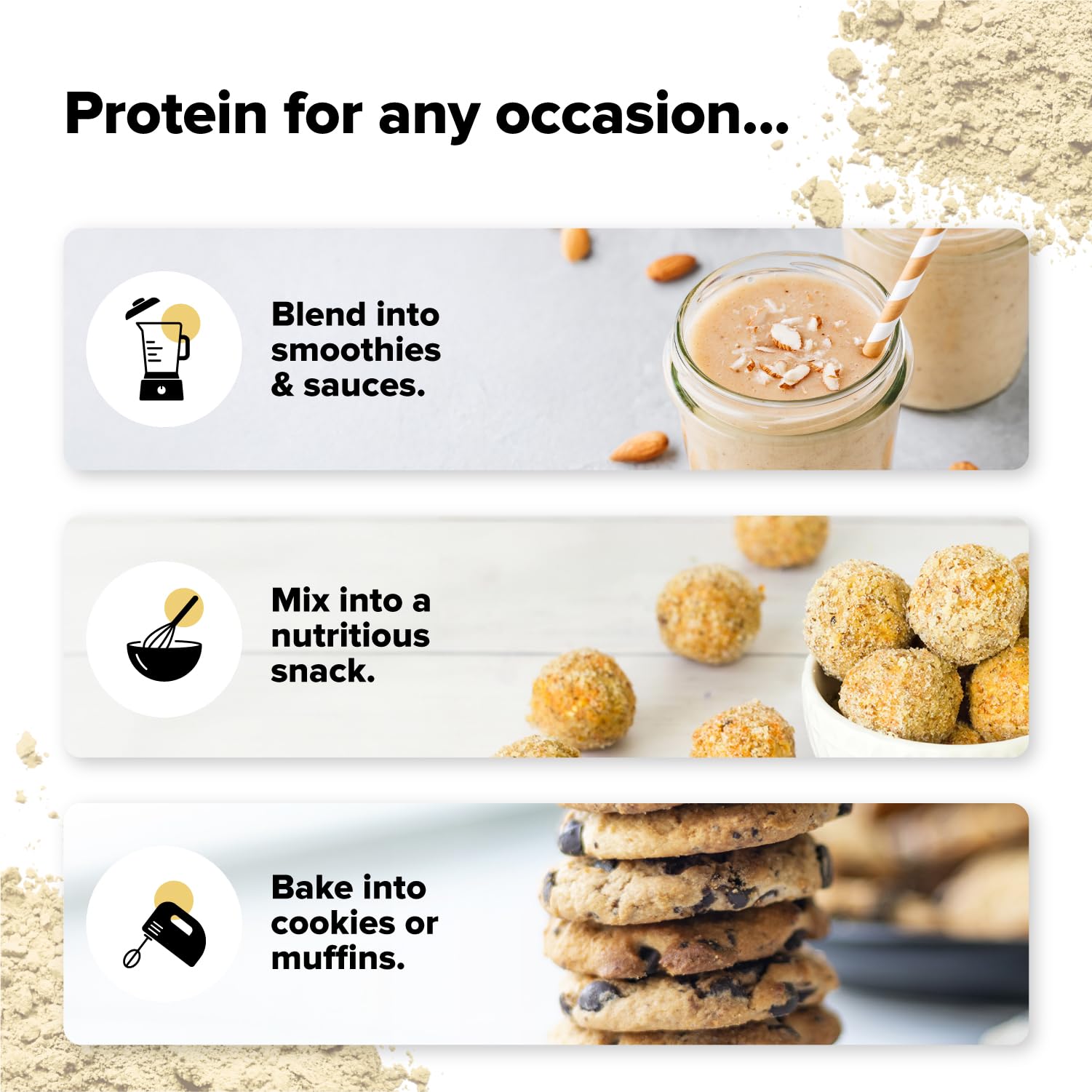 Close-up of Complement Vanilla Vegan Protein Powder packaging highlighting organic ingredients