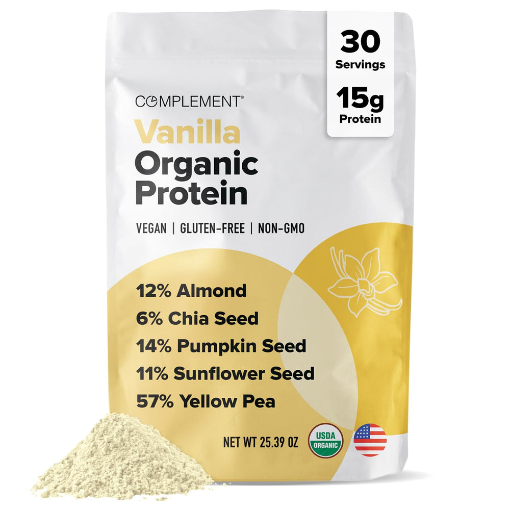 Complement Vanilla Vegan Protein Powder tub shown as a premium organic protein source for daily shakes