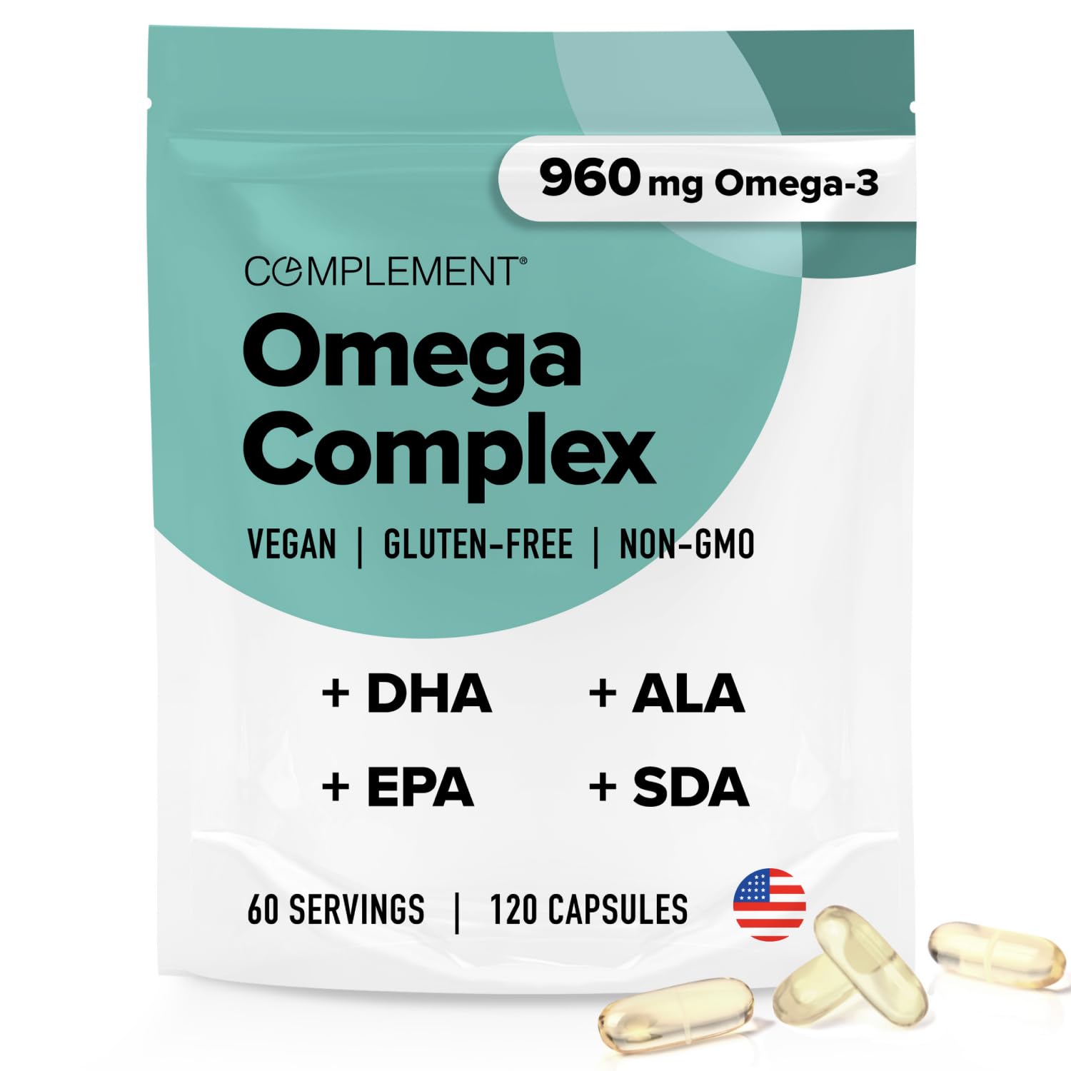 Complement Vegan Omega-3 bottle front displays plant-based fatty acids for daily wellness.