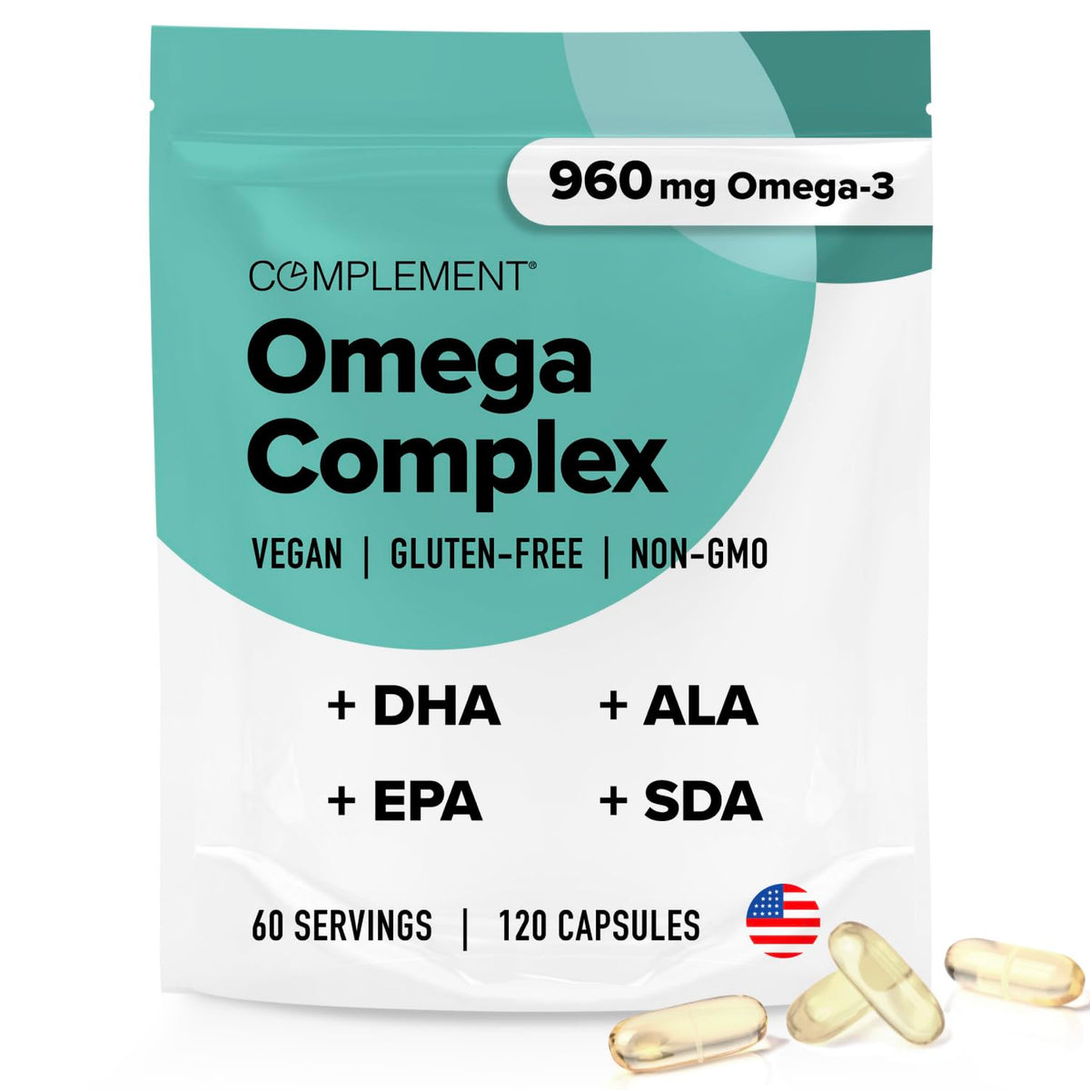Complement Vegan Omega-3 bottle front displays plant-based fatty acids for daily wellness.