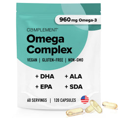 Complement Vegan Omega-3 bottle front displays plant-based fatty acids for daily wellness.