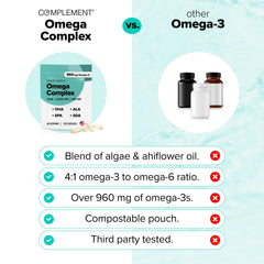Complement Vegan Omega-3 capsules in bottle for convenient plant-based intake.