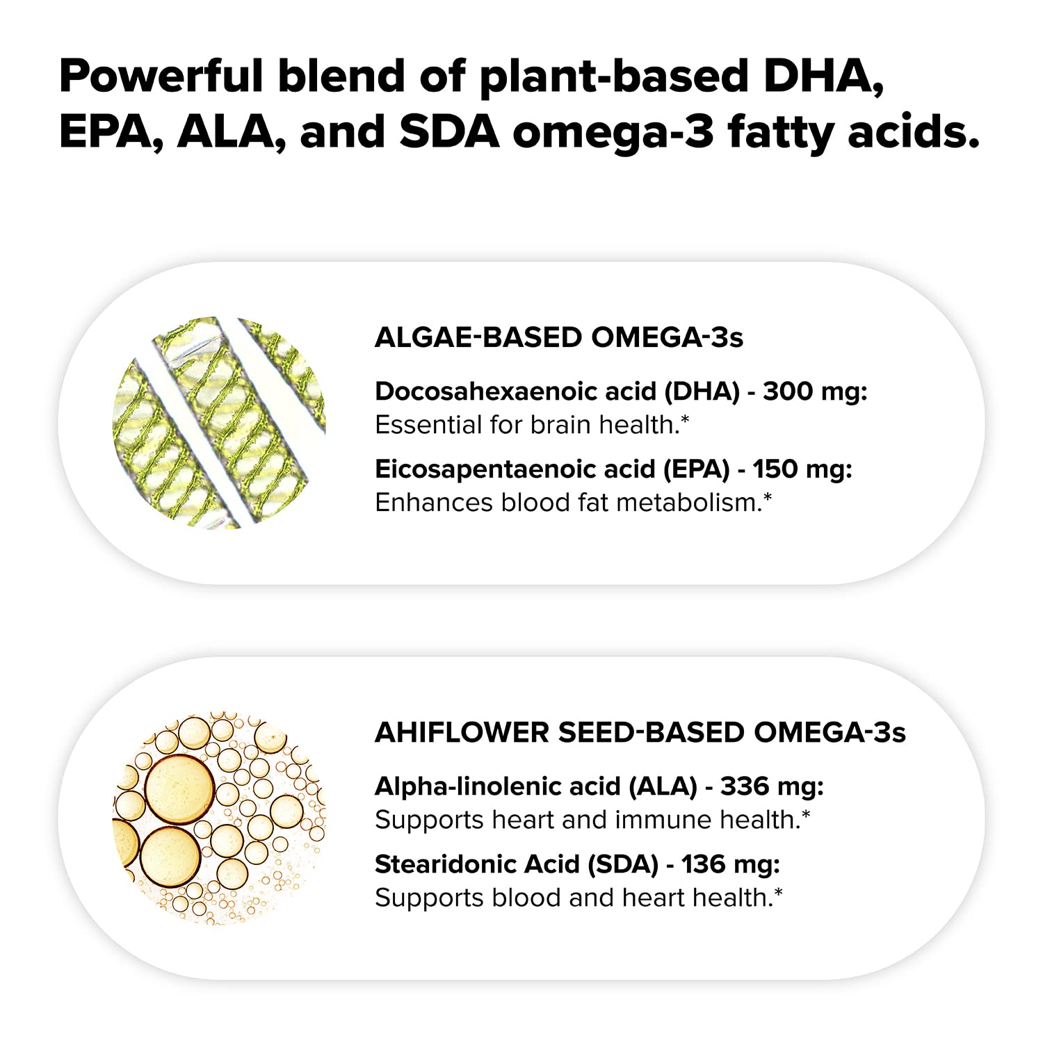 Origin from algae and ahiflower underscores sustainable omega-3 sourcing.