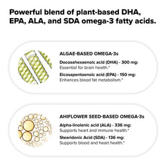 Origin from algae and ahiflower underscores sustainable omega-3 sourcing.
