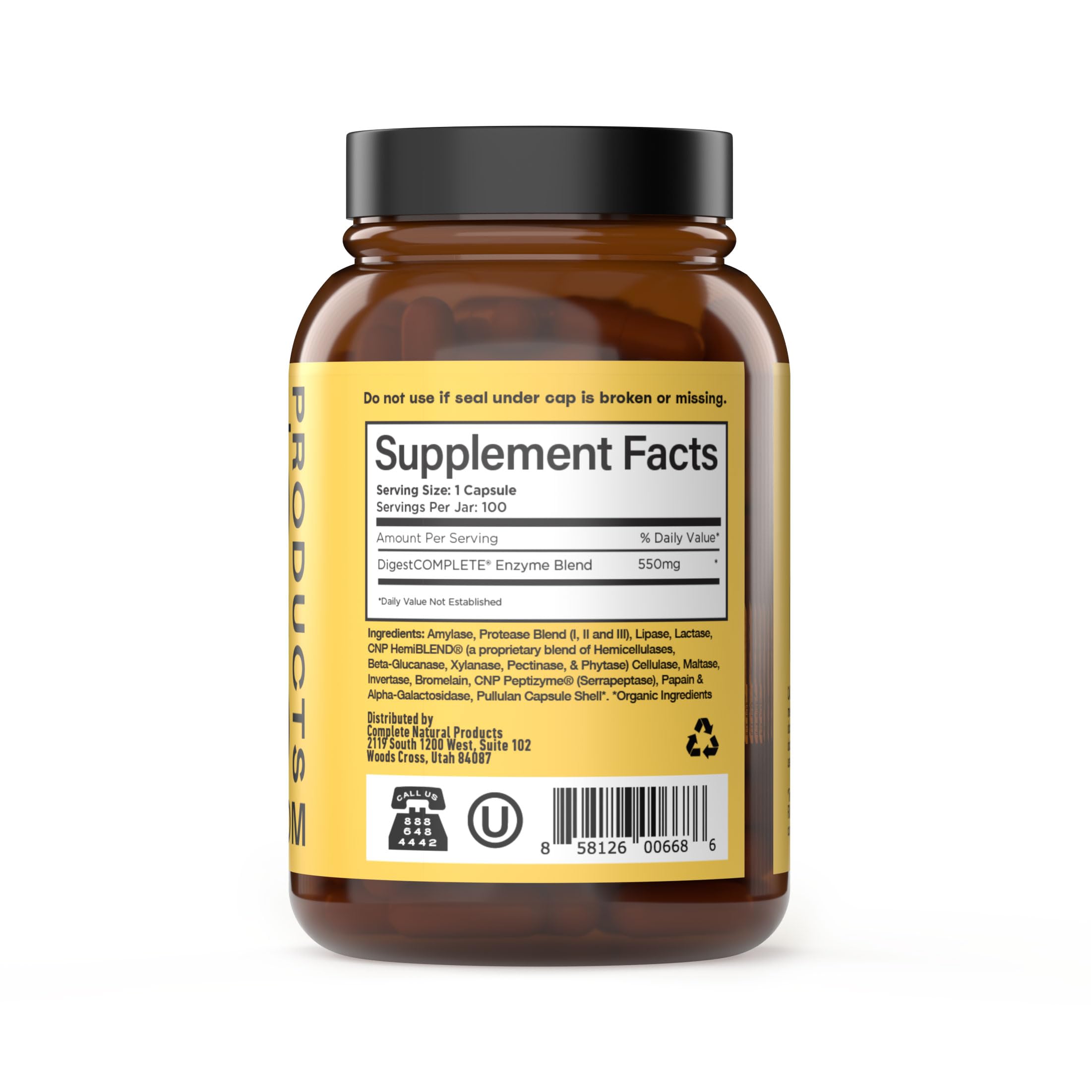 Close-up of Complete Natural Products capsules - plant enzymes for proteins, fats, and carbs