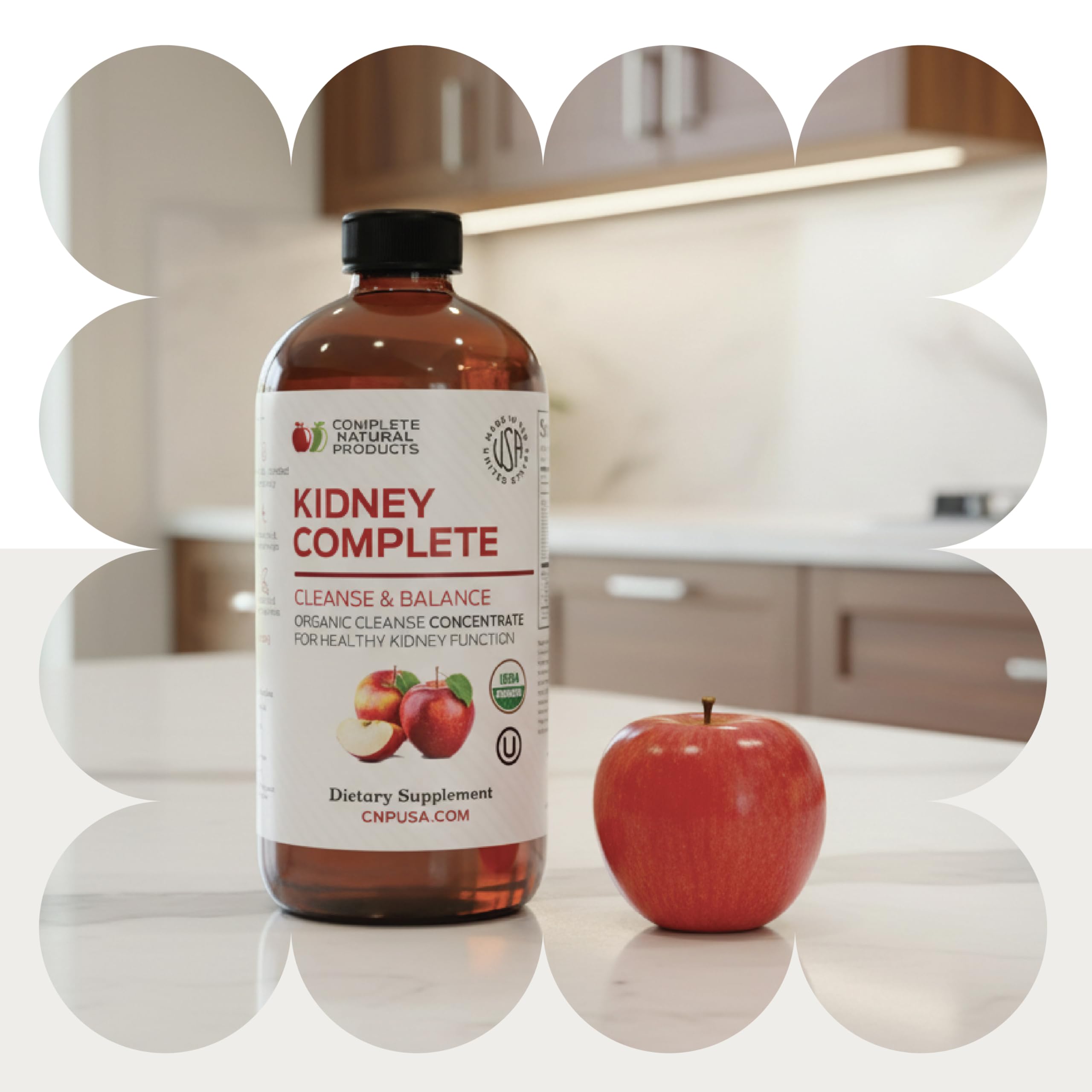 Complete Natural Products Kidney Complete bottle with Apple Cider Vinegar and Lemon imagery to highlight ingredients.