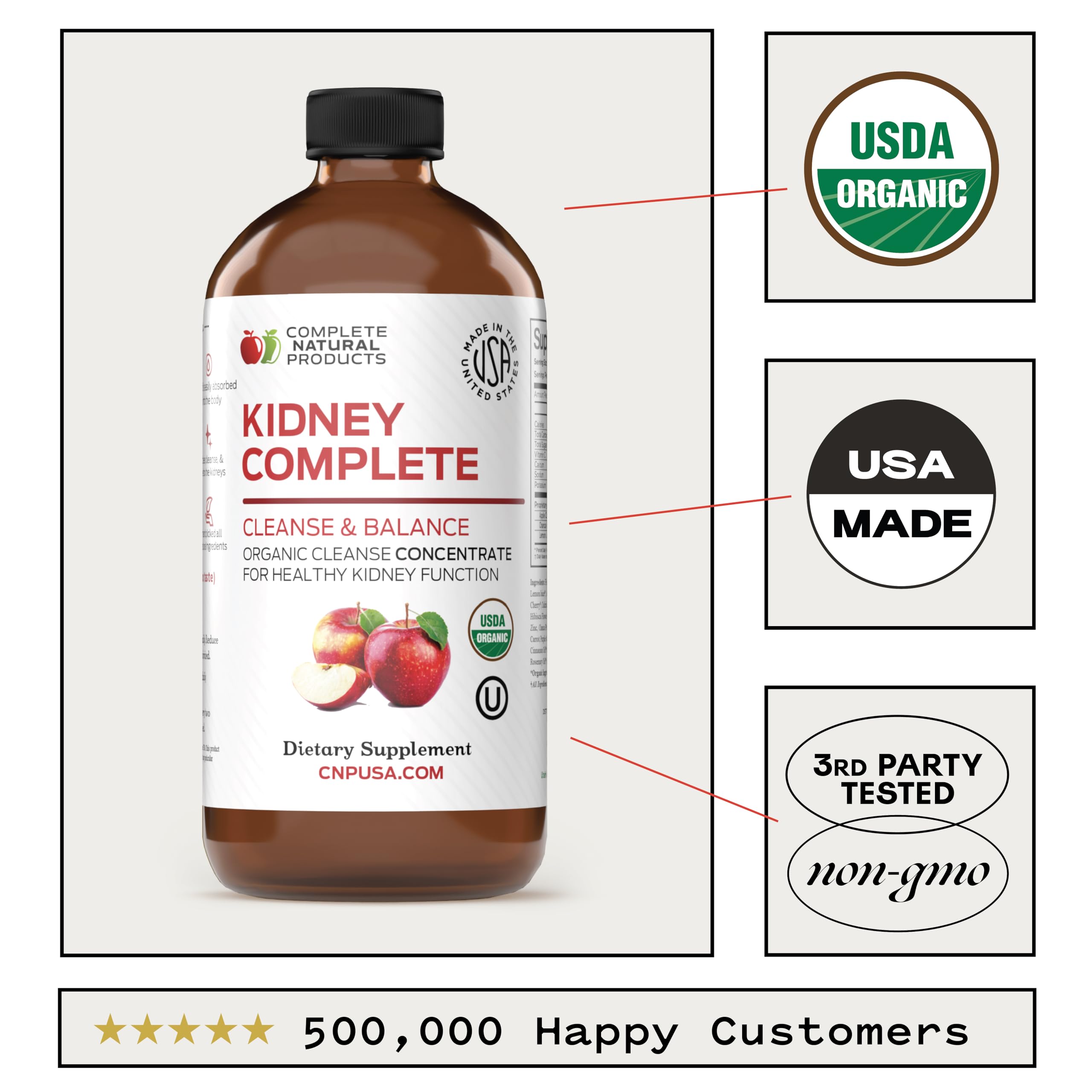 Complete Natural Products Kidney Complete certifications badge showing Kosher Organic status.