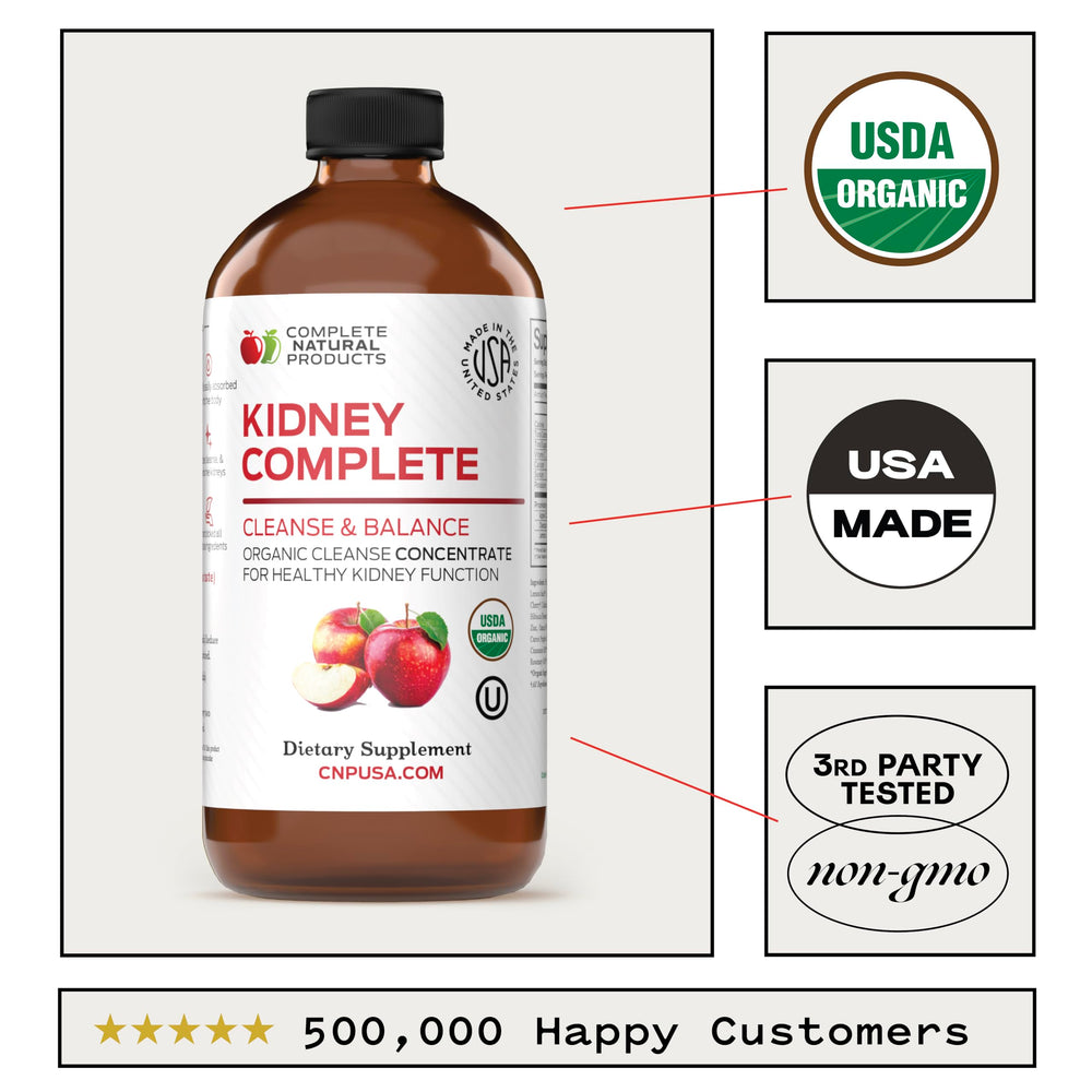 Complete Natural Products Kidney Complete certifications badge showing Kosher Organic status.