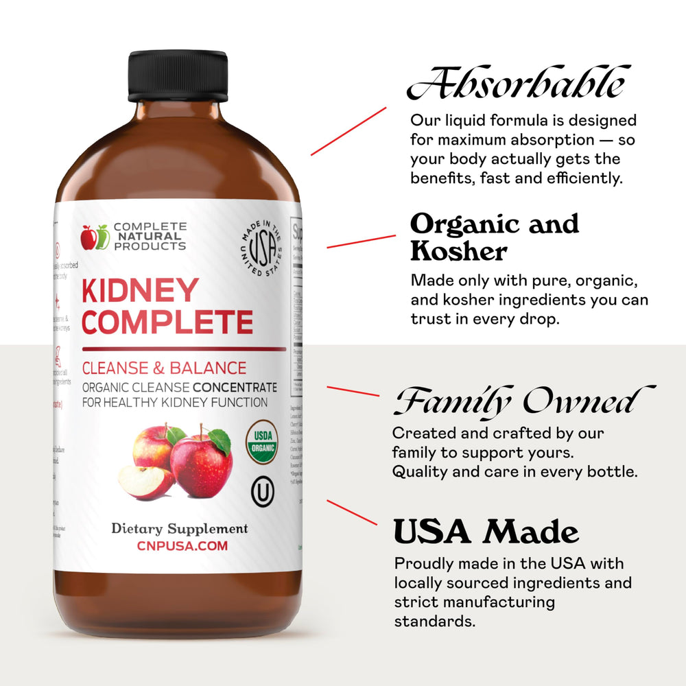 Complete Natural Products Kidney Complete pour shot showing easy-to-take liquid format for daily use.