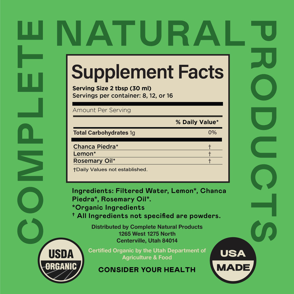 Complete Natural Phyllanthus Niruri label detail highlights steam-distilled, cold-pressed extraction for purity.