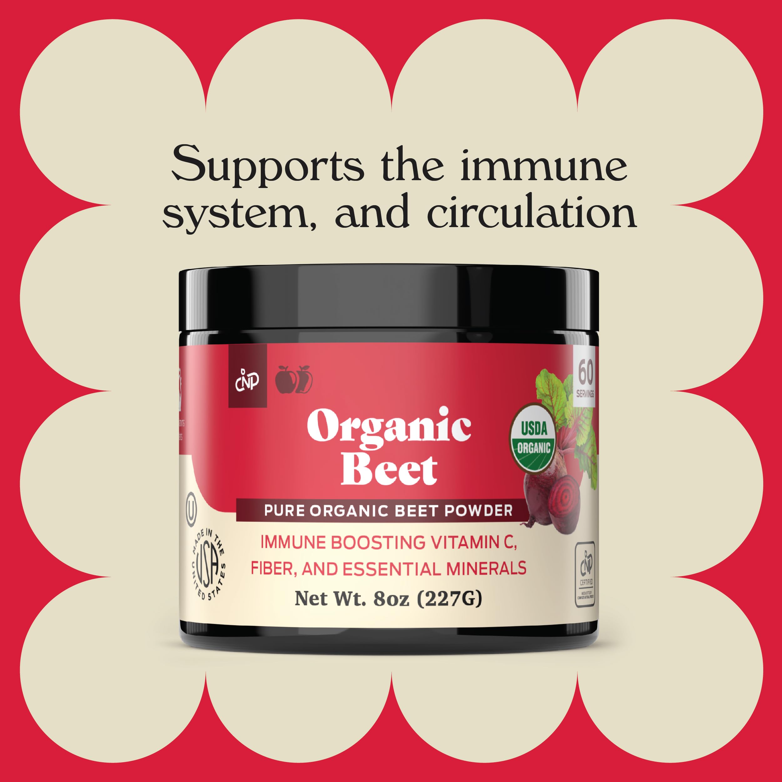 Measuring cup with Complete Natural Products beet root powder for bulk mixing.