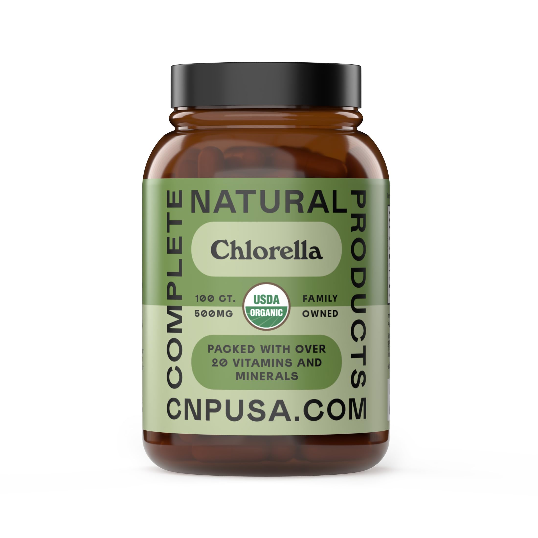 Complete Natural Products chlorella capsules bottle ready for daily detox routines.