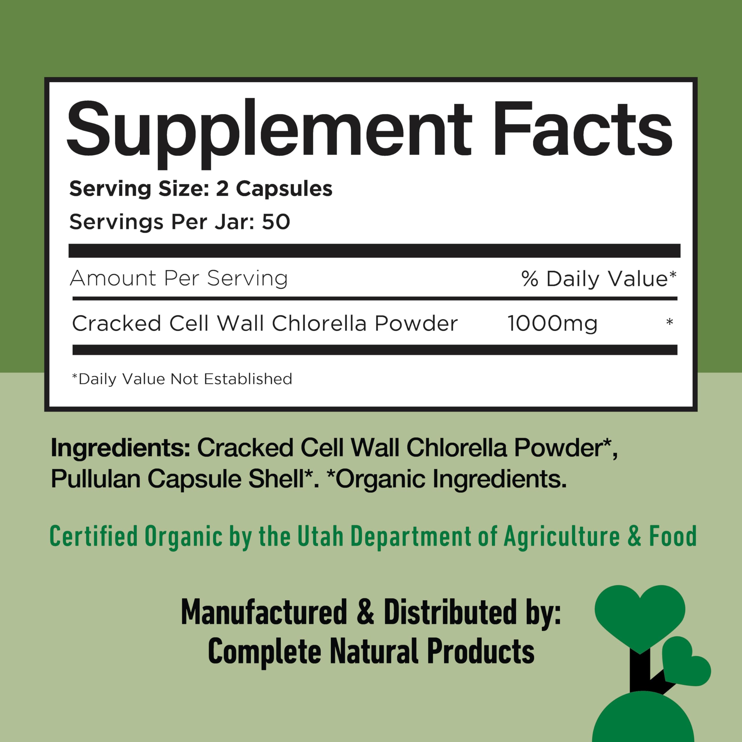 Complete Natural Products chlorella capsules closeup reveals vibrant green powder.