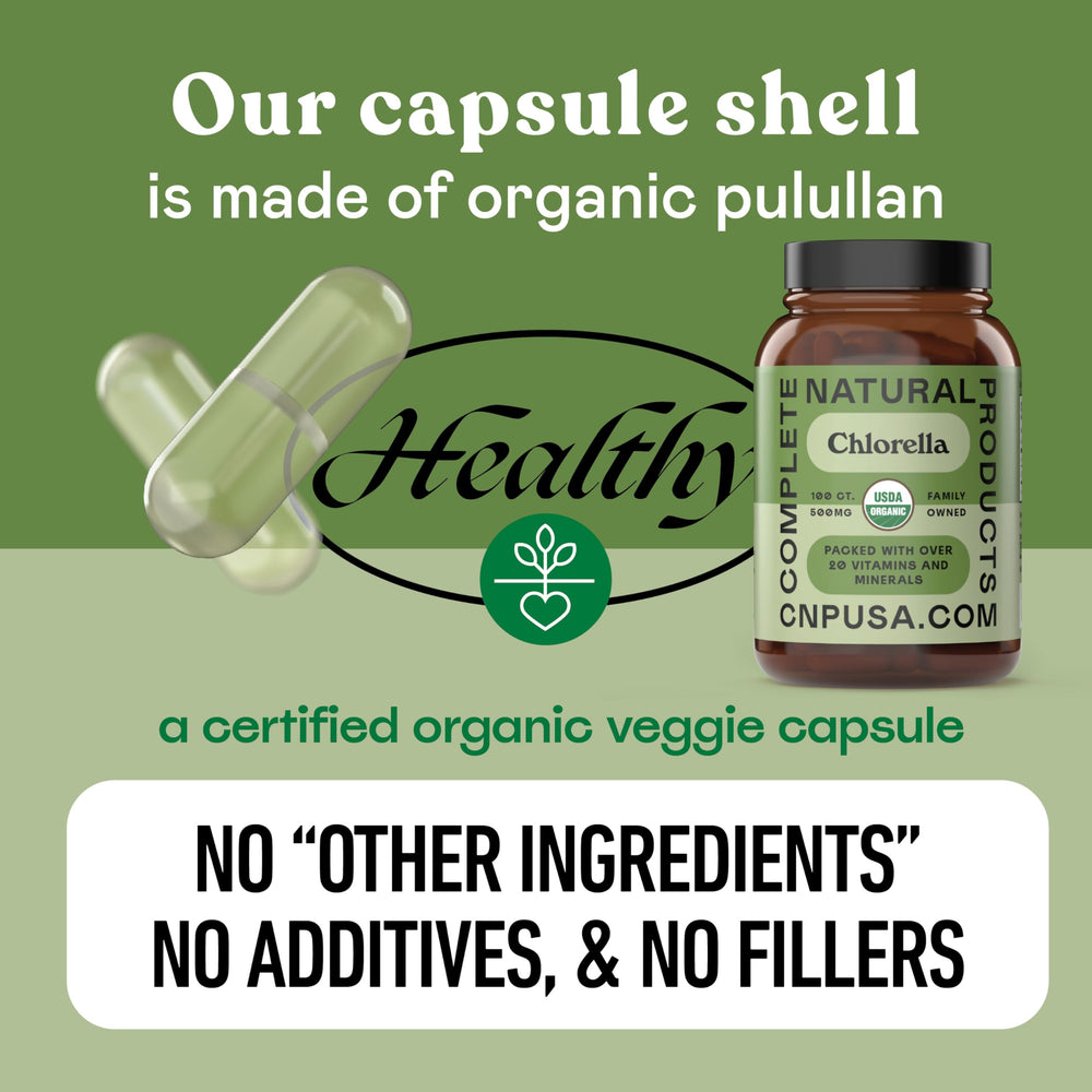 Complete Natural Products chlorella capsules being held with a spoon.
