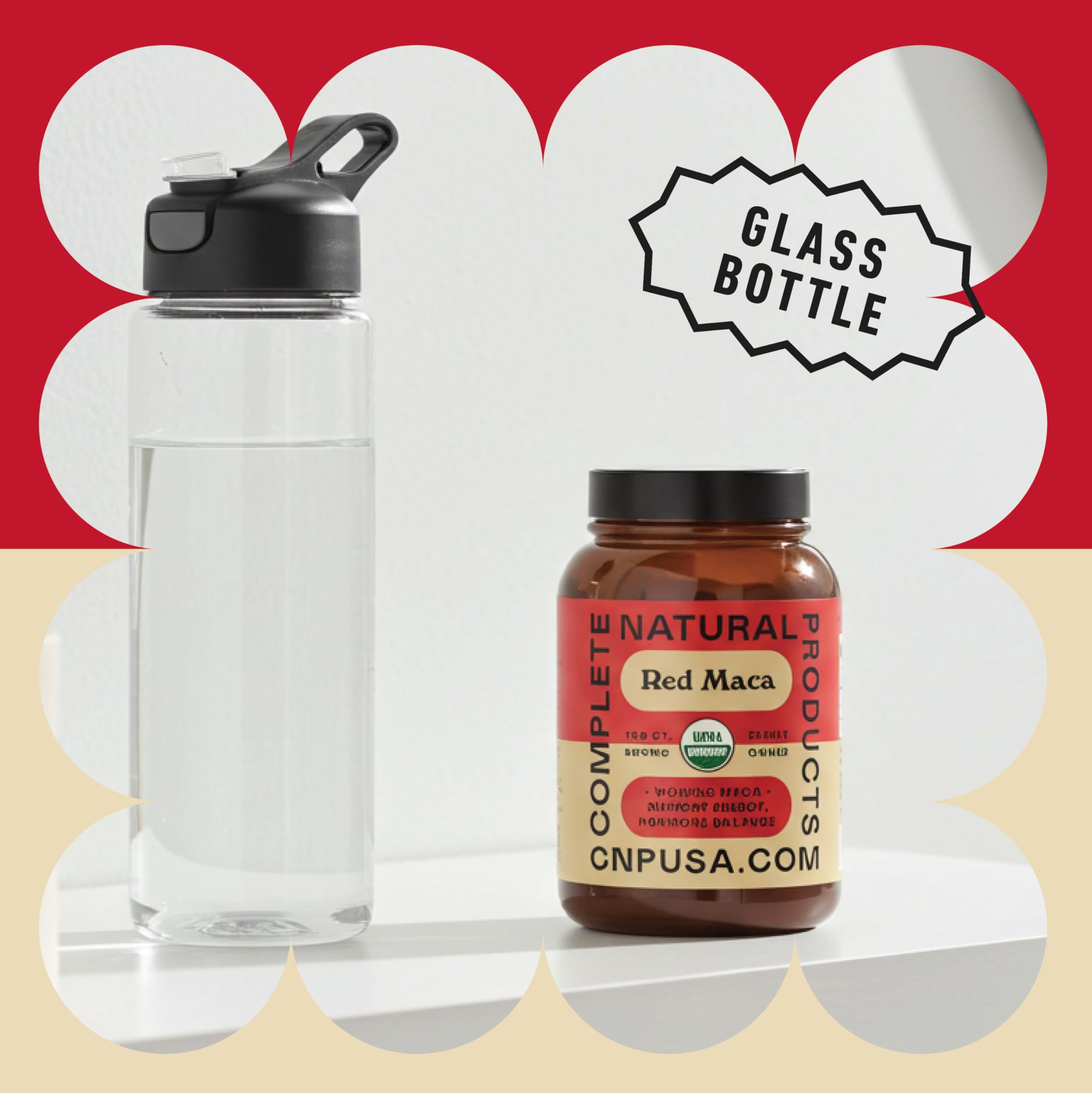 Complete Natural Products glass bottle with label for eco-friendly packaging
