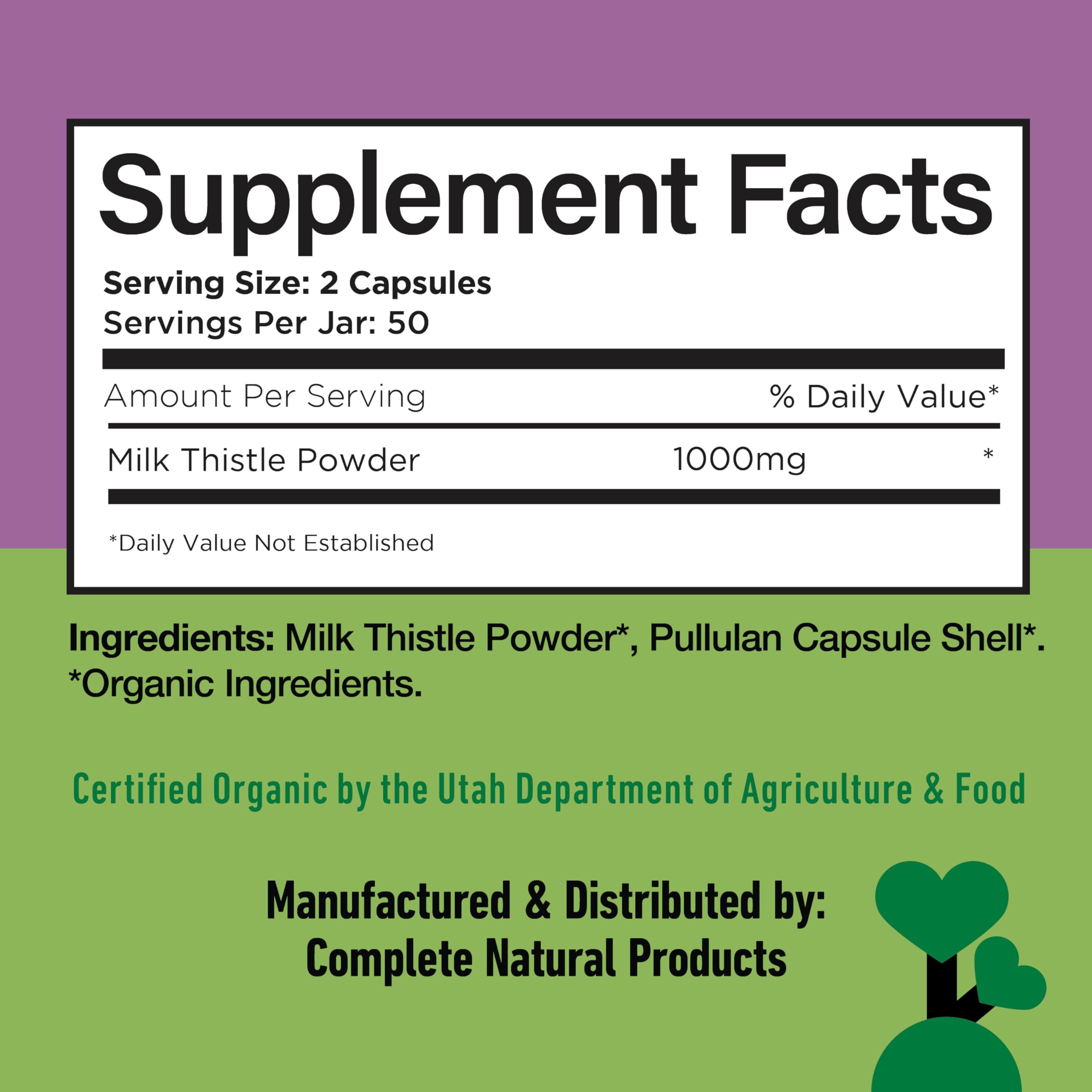 Complete Natural Products milk thistle capsules daily-use bottle on table