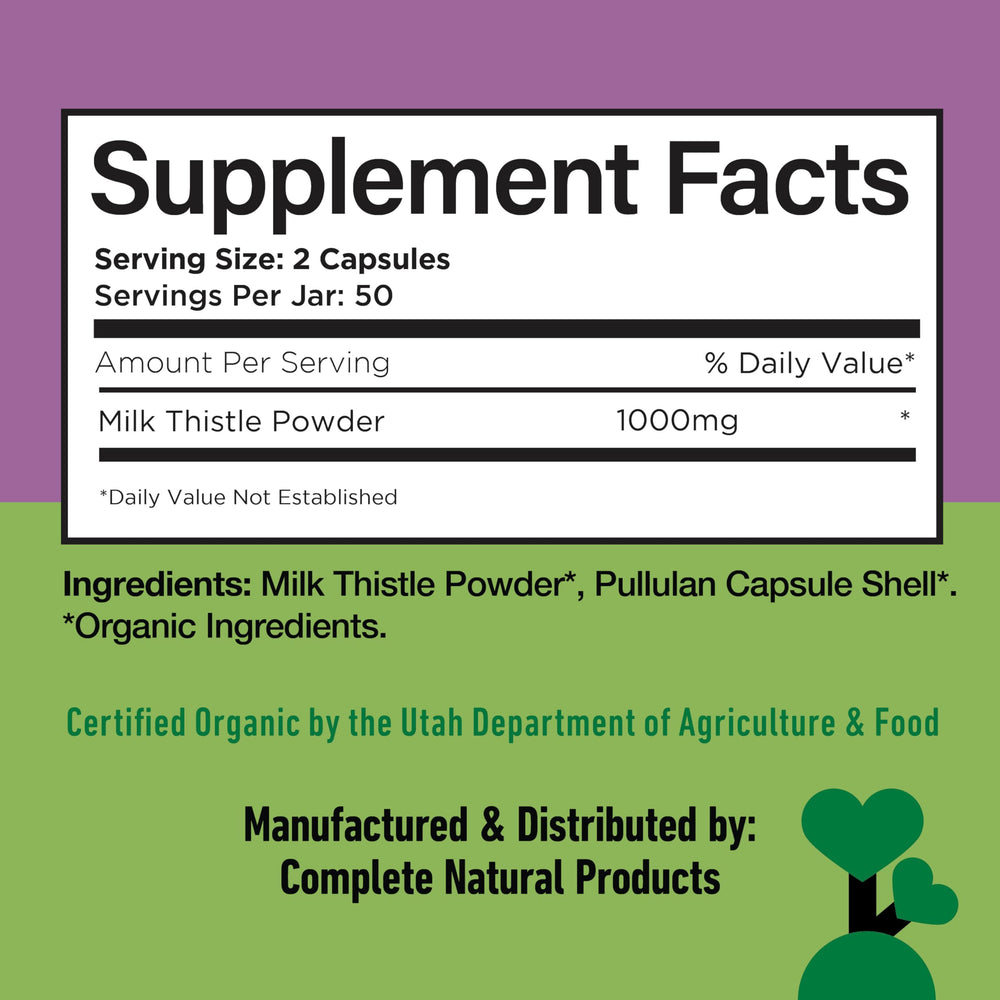 Complete Natural Products milk thistle capsules daily-use bottle on table