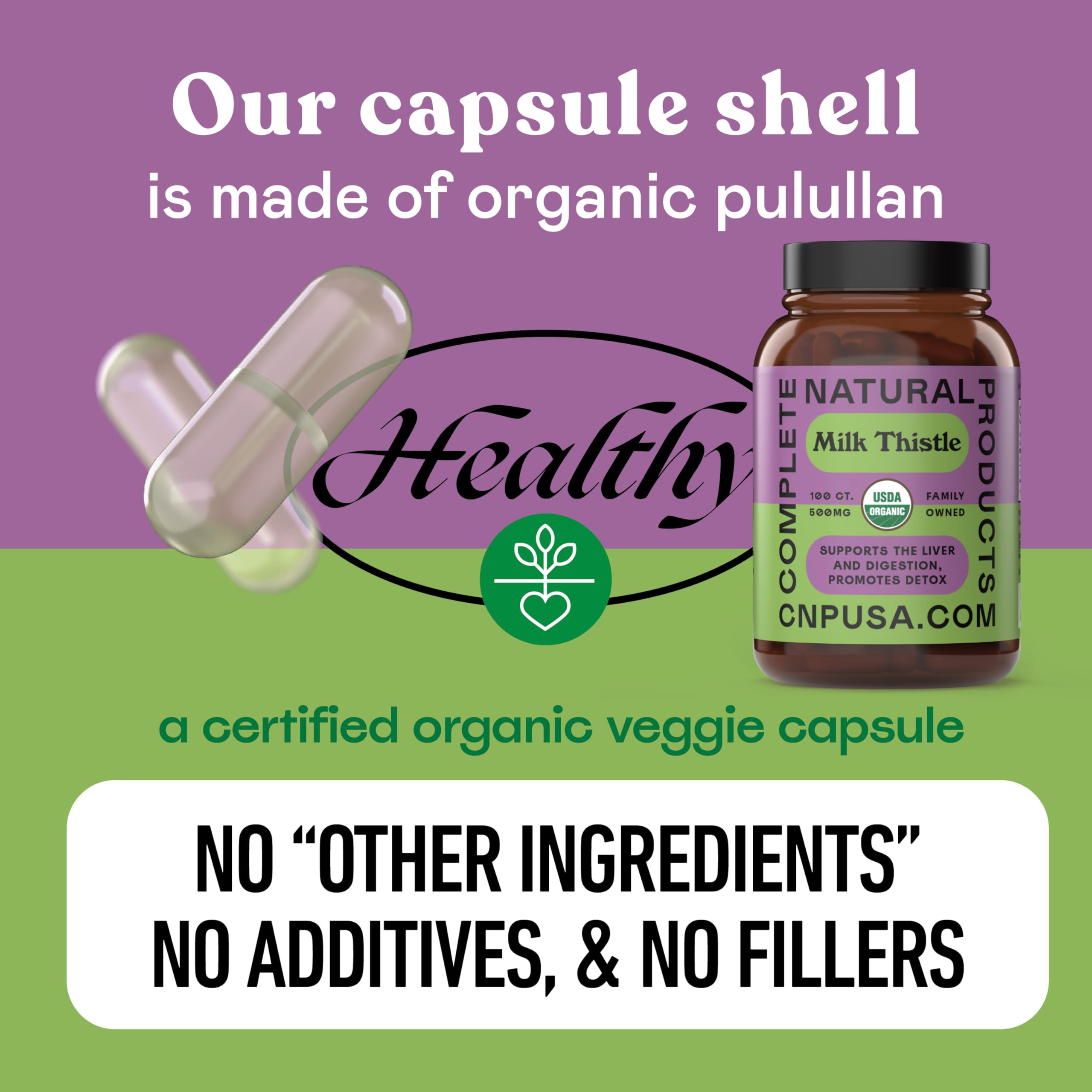 Complete Natural Products milk thistle capsules open-pour scene