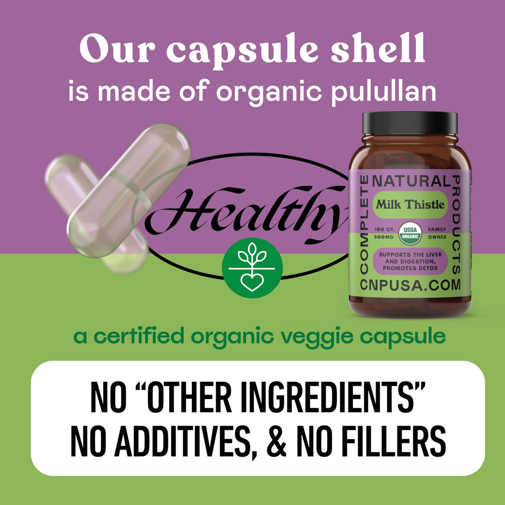 Complete Natural Products milk thistle capsules open-pour scene
