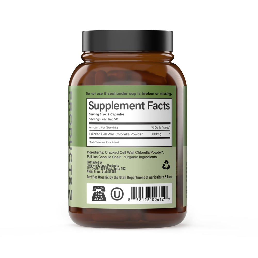 Complete Natural Products organic chlorella label emphasizes 500mg per capsule.