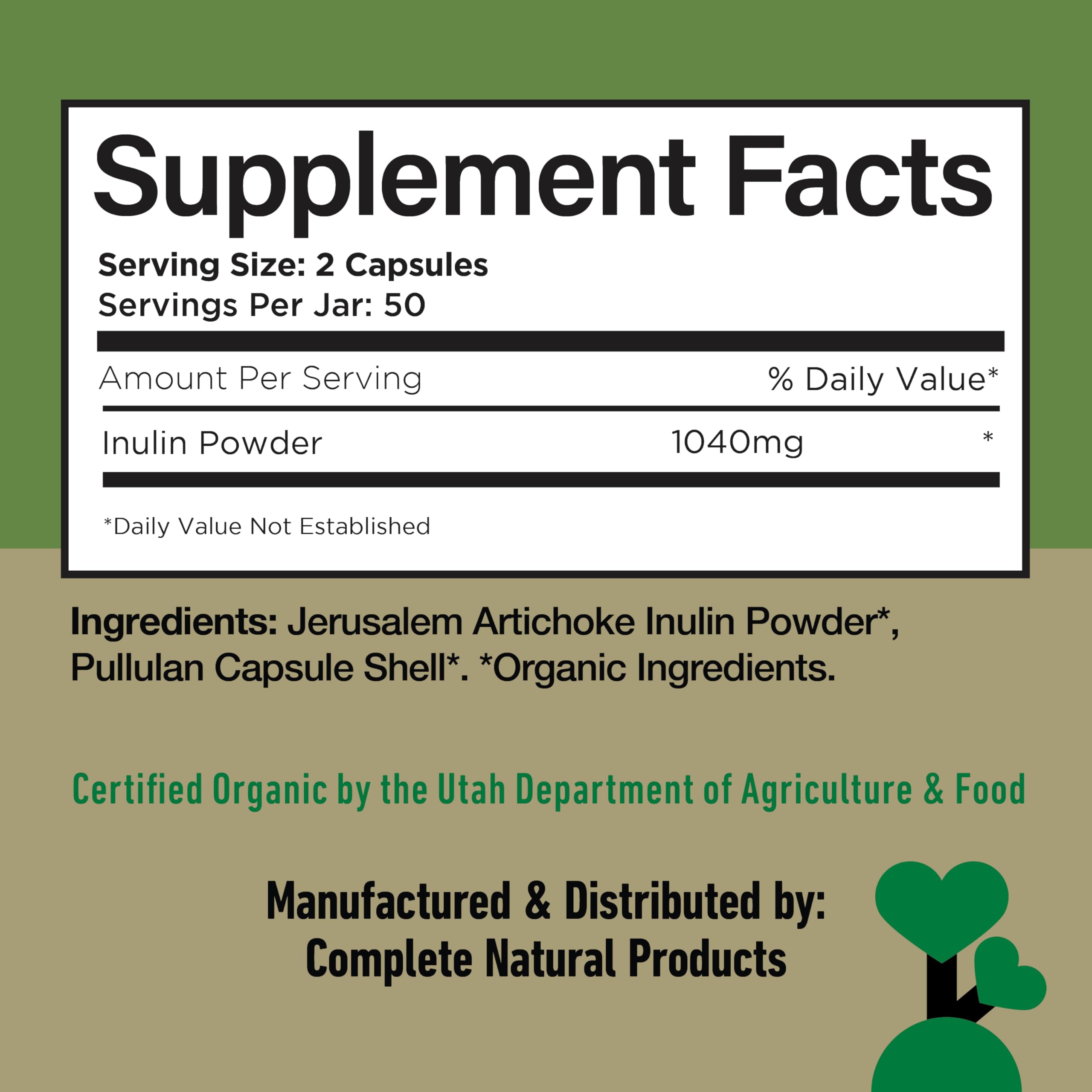 Complete Natural Products Organic Inulin capsules ingredients list emphasizes a simple, clean formula.