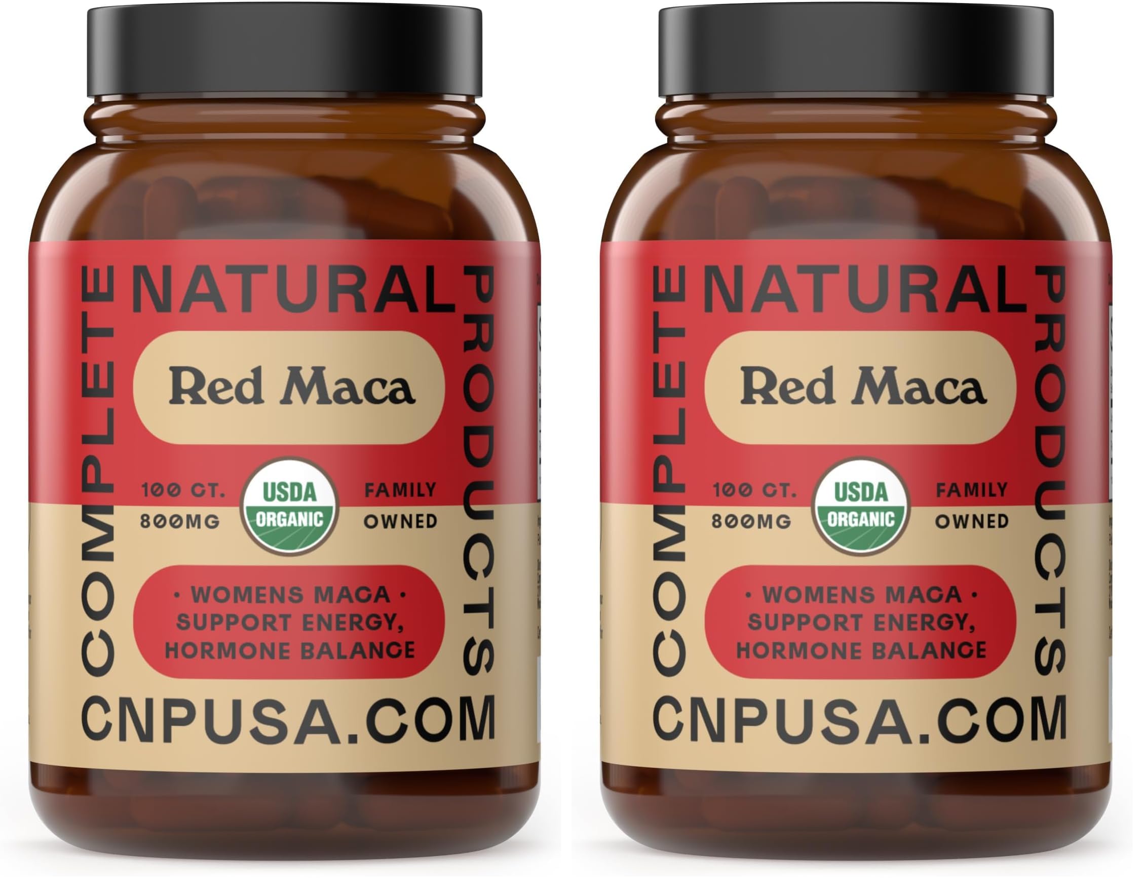 Complete Natural Products red maca bottle shows organic capsules for daily use