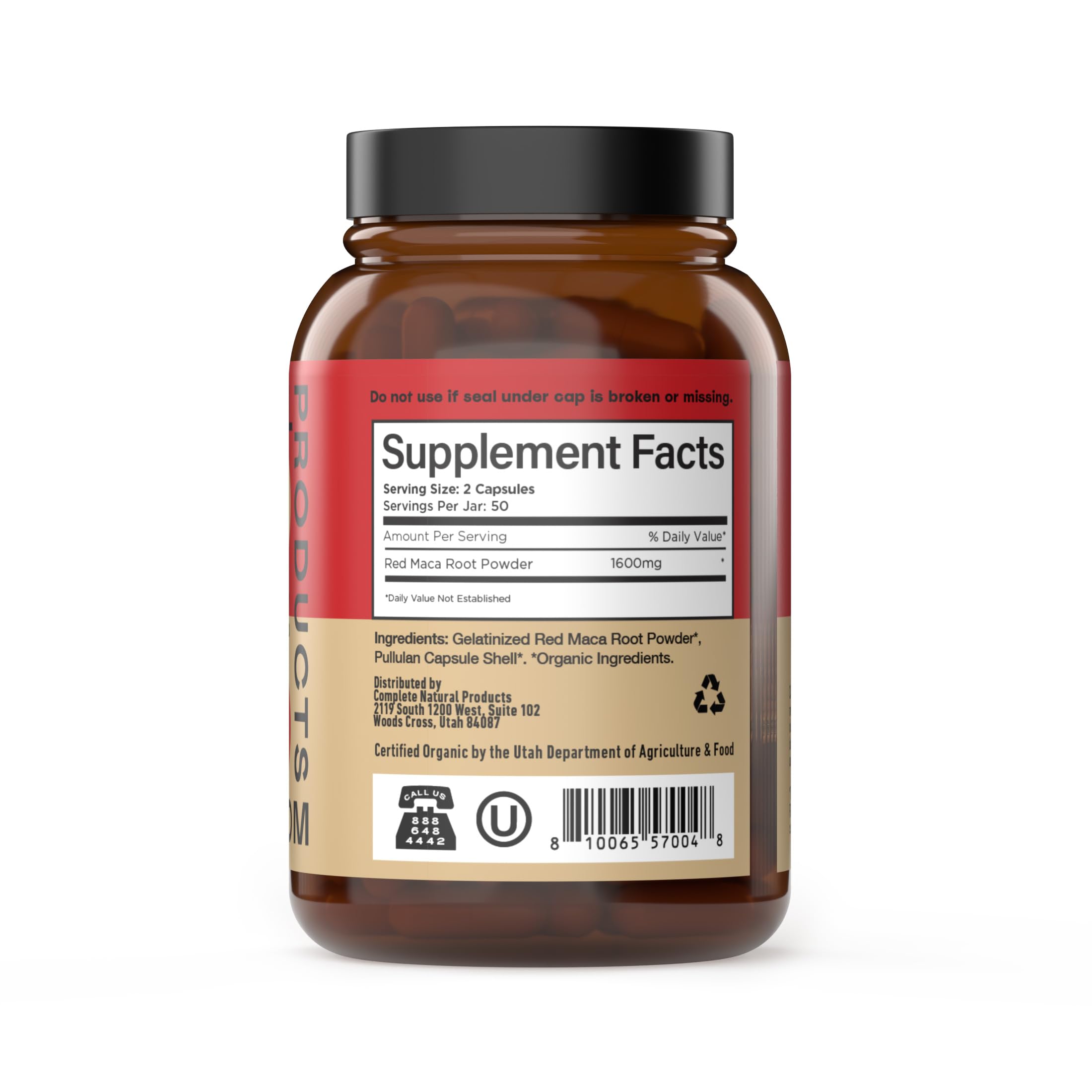 Complete Natural Products red maca capsules close-up highlighting convenient 800mg servings