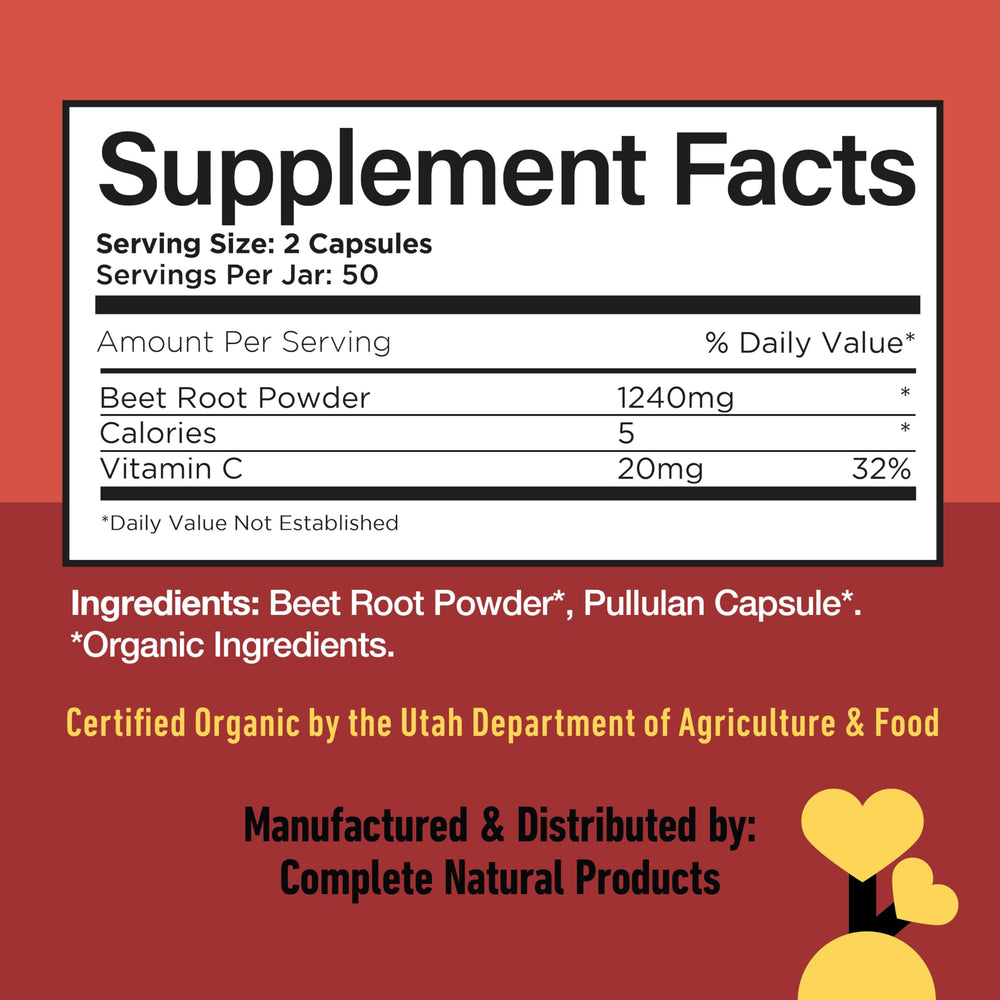 Complete Natural Products beet root capsules with third-party testing for purity.