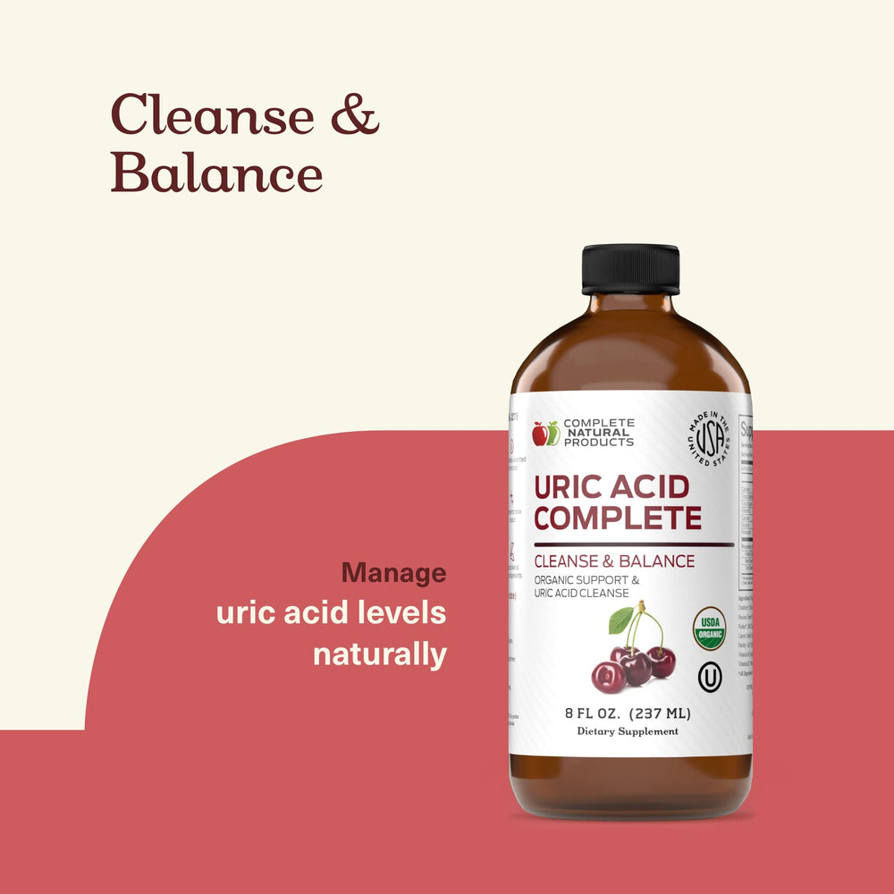 Close-up of Complete Natural Products Uric Acid Complete label highlighting natural formula