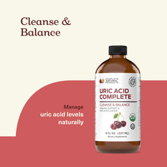 Close-up of Complete Natural Products Uric Acid Complete label highlighting natural formula