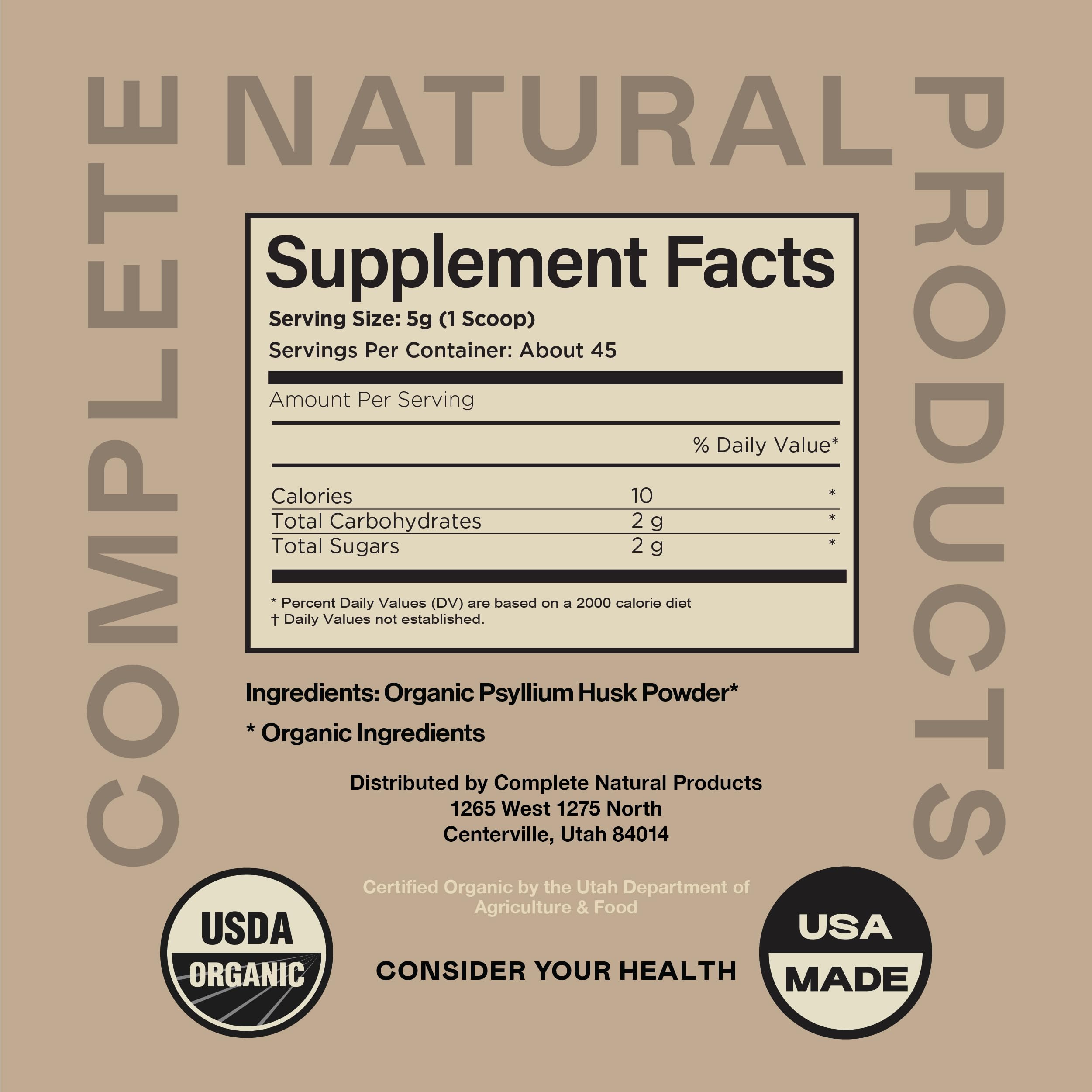 Complete Natural Psyllium Husk Powder bulk scoop shown for bulk packaging.