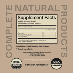 Complete Natural Psyllium Husk Powder bulk scoop shown for bulk packaging.