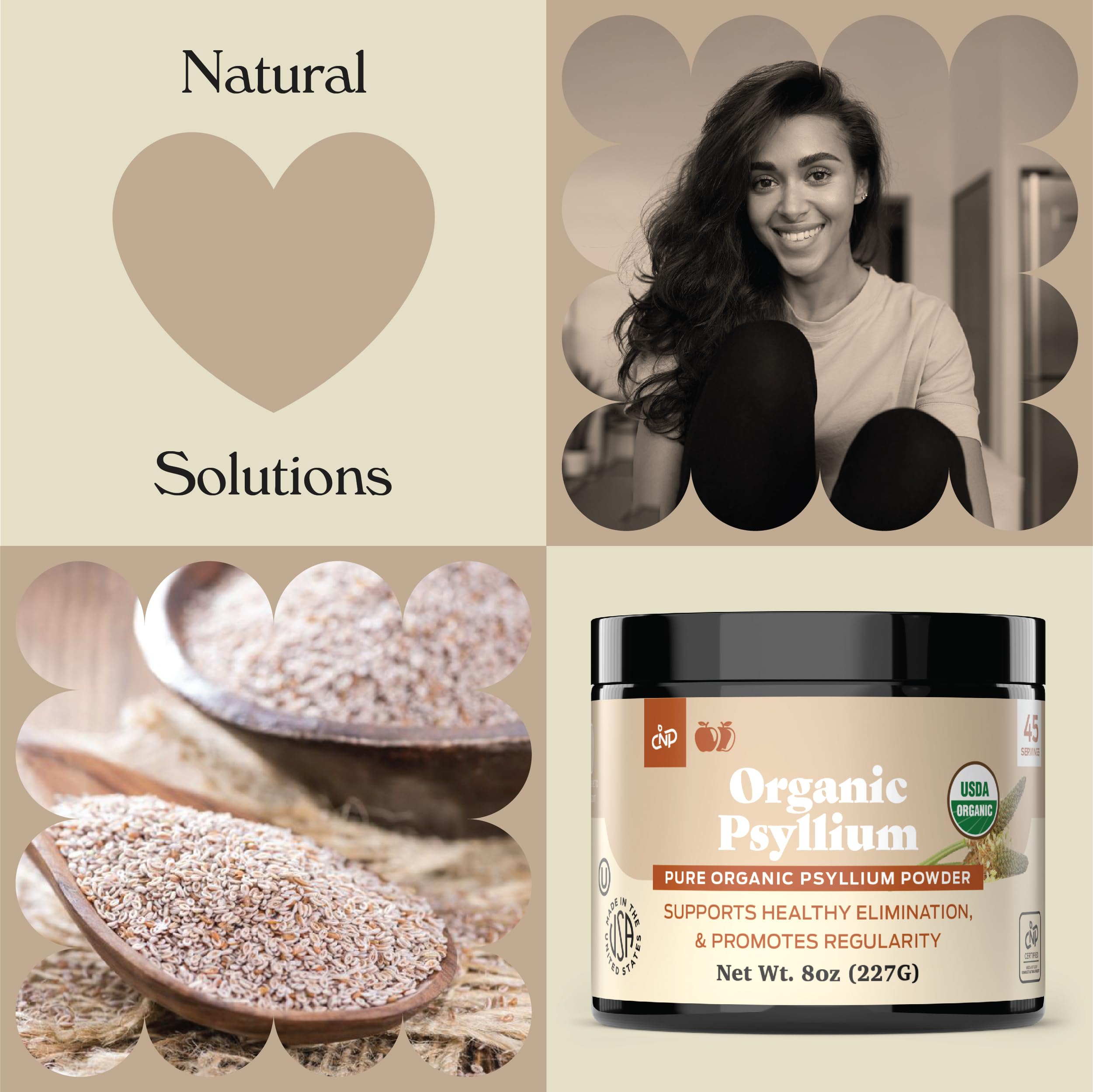 Complete Natural Psyllium Husk Powder organic seal and label visible.