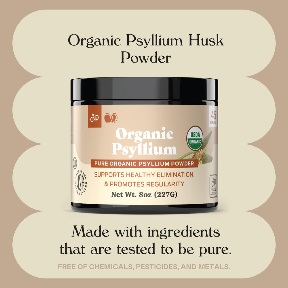 Complete Natural Psyllium Husk Powder texture close-up shows fine, fiber-rich granules.