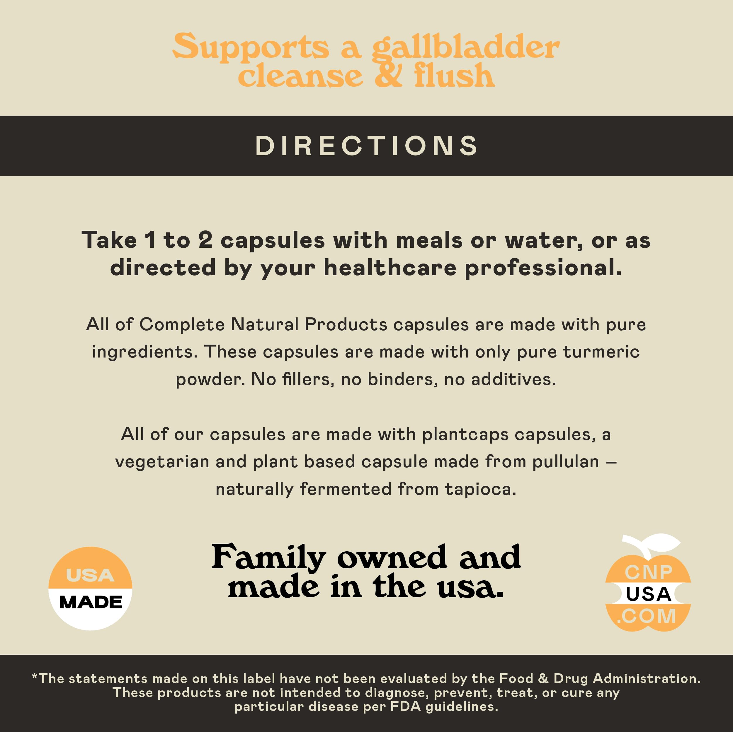 Complete Natural Products Organic Turmeric Capsules ingredient panel emphasizes organic, soy-free formula.