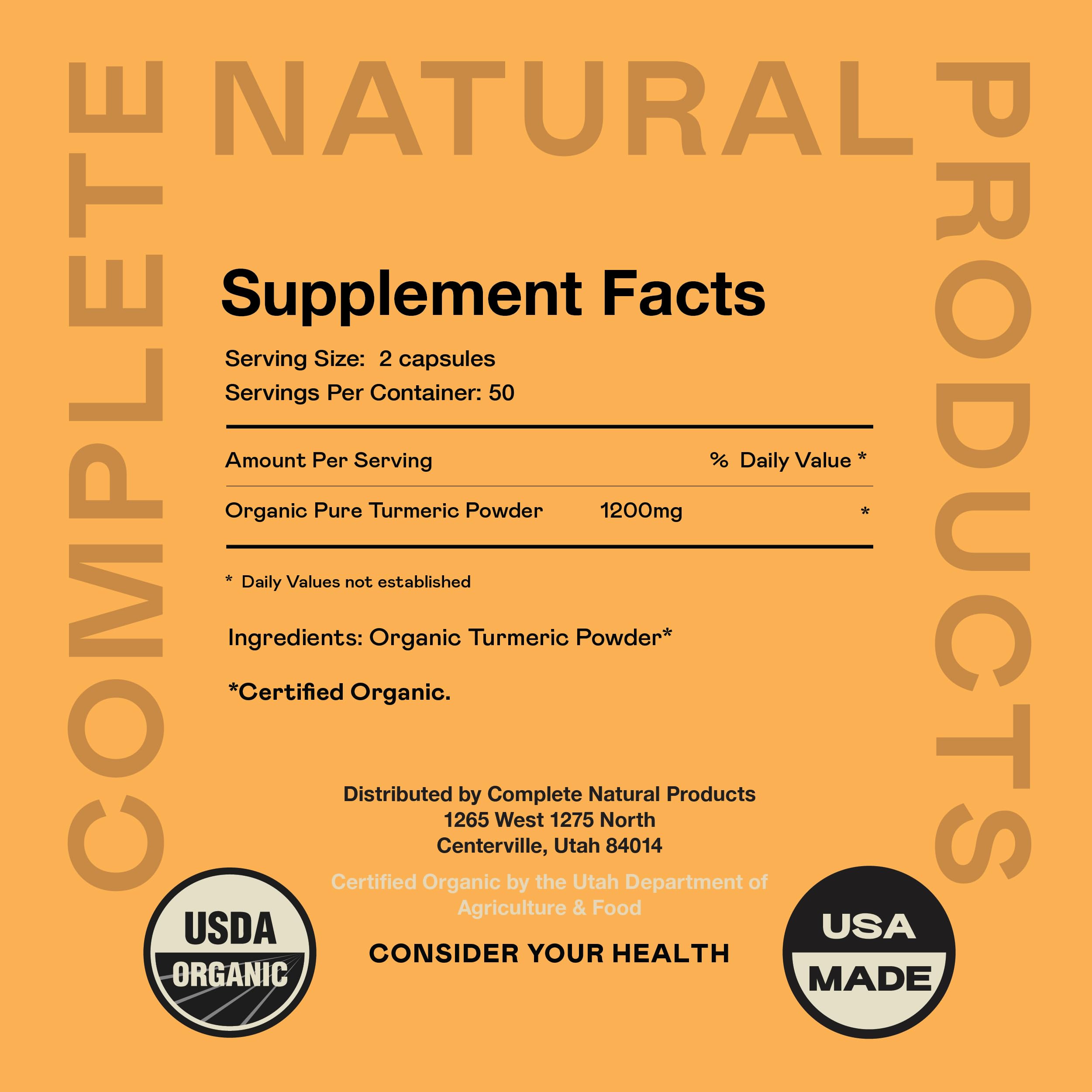Complete Natural Products Organic Turmeric Capsules pack-of-two bottles signals value for long-term use.