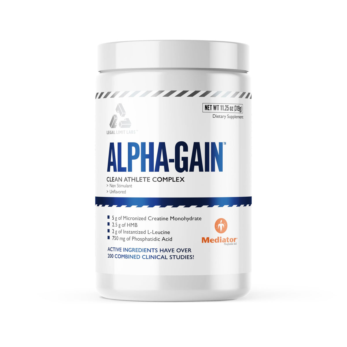 Complete Nutrition Alpha Gain bottle on gym bench, highlighting lean muscle support.